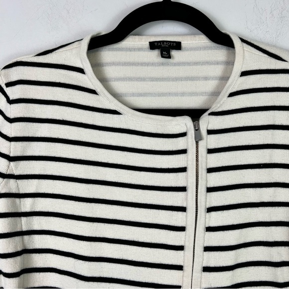 Talbots cream and black stripe full zip up cardigan womens size medium petite - Picture 2 of 7